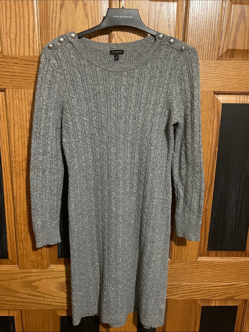 Talbots Gray Cable-Knit Button-Shoulder Sweater Dress